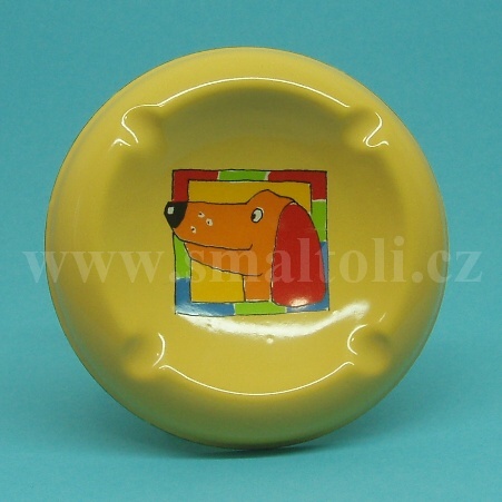 Smaltovaný popelník,kulatý, žlutý - KOČKA